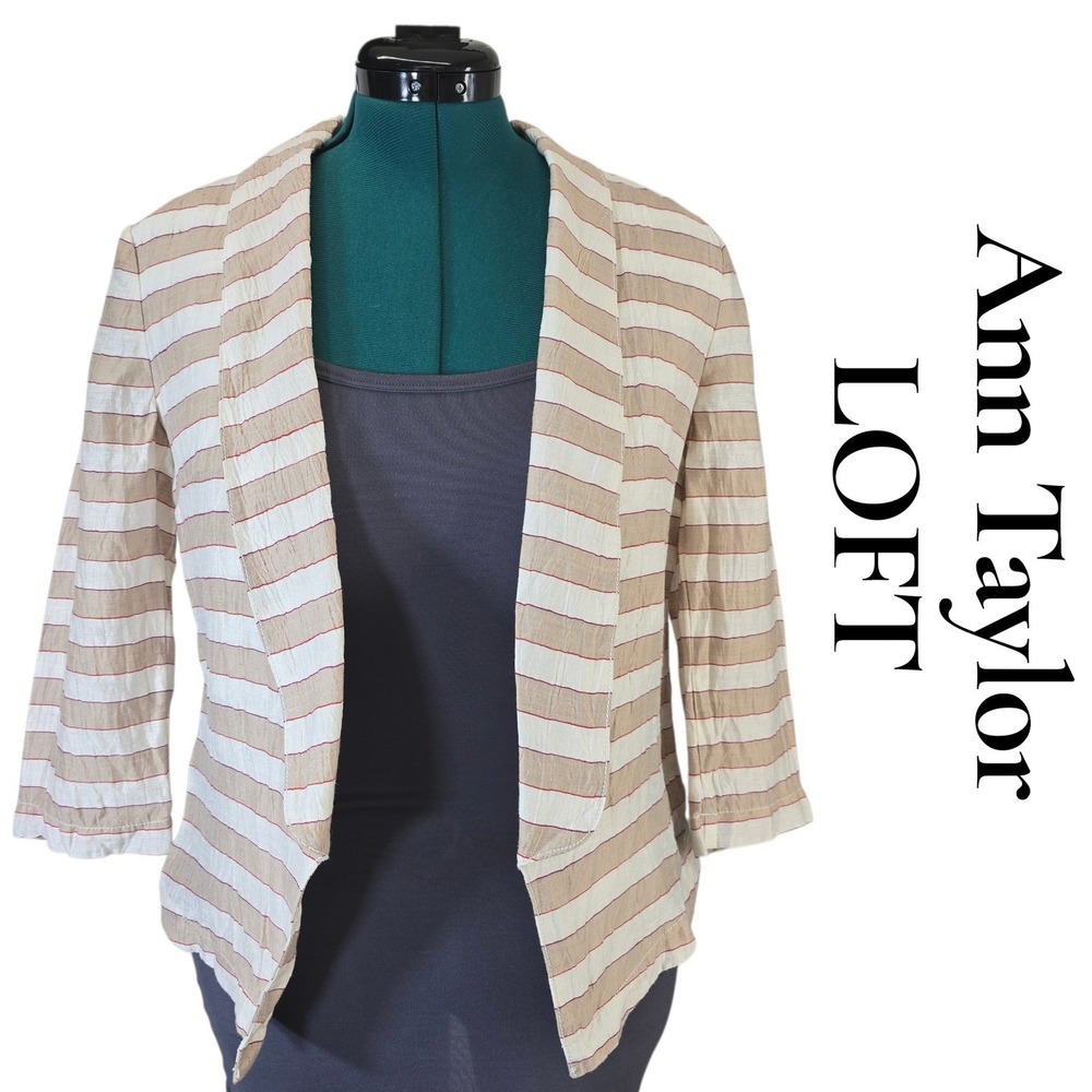 Ann Taylor LOFT Women Tan White Striped Linen Blend Open Front Blazer 0